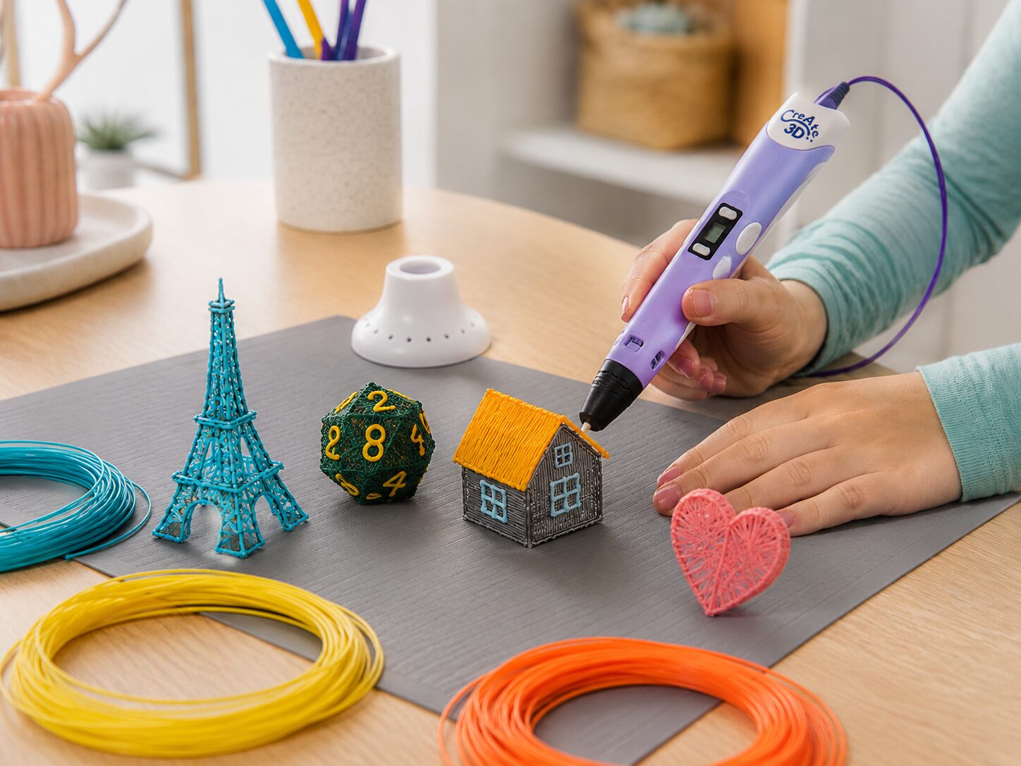 Mãos a criar pequenas construções em 3D com a caneta Create3D