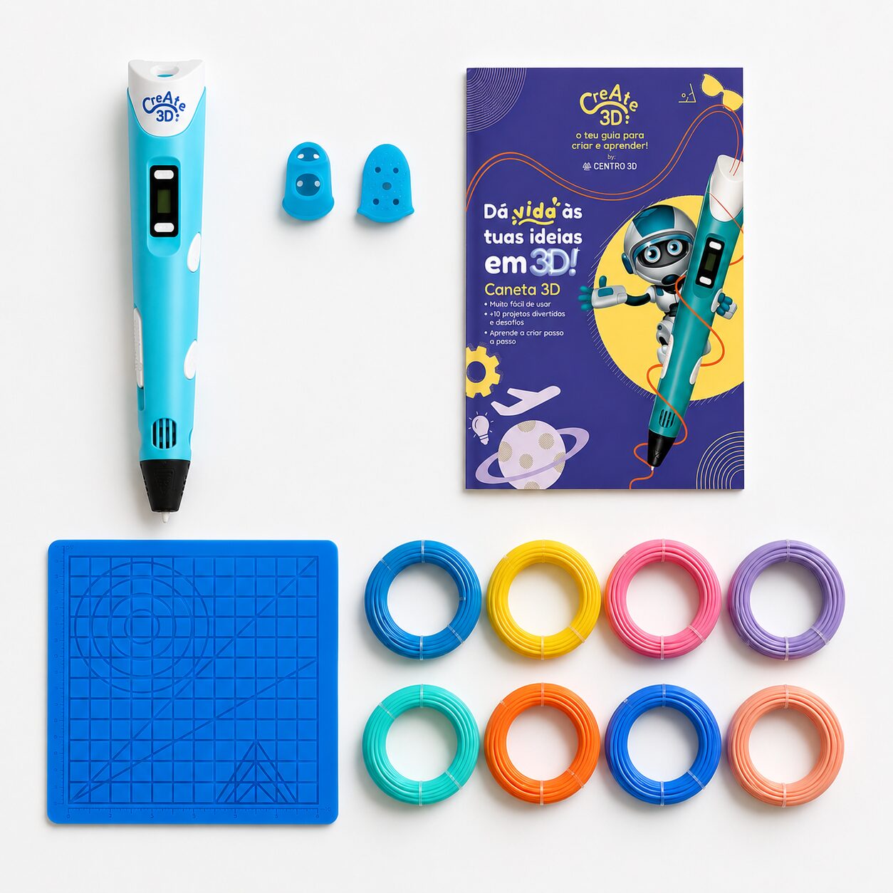 Kit Create3D completo: caneta, livro de projetos, base e filamentos
